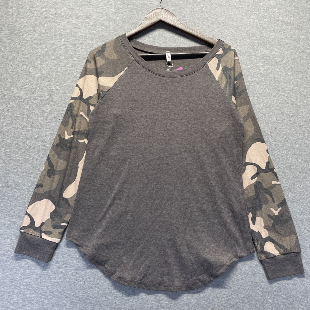 Halife Tee Shirt Womens Small Charcoal Camouflage Raglan Sleeve Rayon Curved Hem